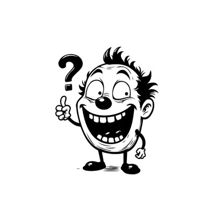 A whimsical cartoon character expresses confusion and uncertainty with a question mark above its head. The black and white illustration conveys humor and peculiarity.のイラスト素材