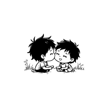 An endearing black and white cartoon illustration of two young boys, sharing a tender moment of friendship and affection in a joyful embrace.のイラスト素材