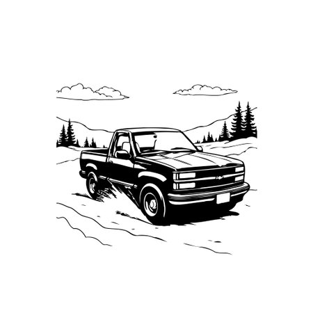 A detailed black and white vector illustration of a classic pickup truck driving through a mountainous landscape, perfect for automotive or outdoor themed designs.のイラスト素材