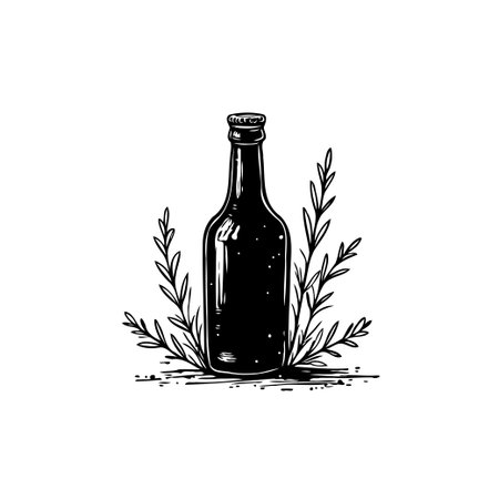 Monochrome illustration of a vintage bottle surrounded by plants, creating an elegant and classic design suitable for various creative projects.のイラスト素材