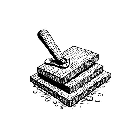 A rustic woodpile illustration featuring stacked planks with a textured handle, representing woodworking and natural material in a vintage style.のイラスト素材