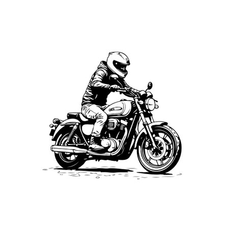 A monochrome illustration shows a motorcyclist riding a classic motorbike. The focus is on the rider's helmet, the vehicle's design, and the sense of freedom conveyed by the open road.のイラスト素材