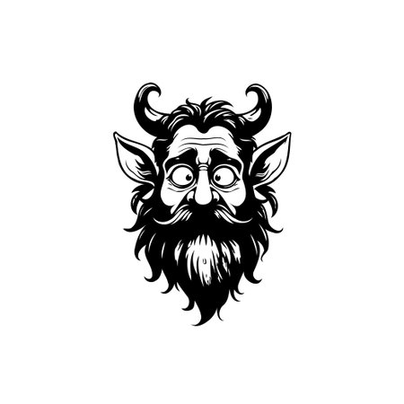 Monochrome illustration featuring a quirky, devilish character with prominent horns, pointed ears, and a bushy beard, creating a unique vintage portrait.のイラスト素材