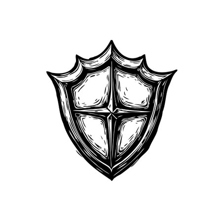 A vintage etched illustration of a shield, evokes a sense of medieval heraldry, perfect for game asset or historical designs.のイラスト素材