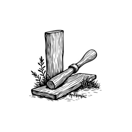 A black and white sketch illustration showing wood carving process and the equipment used. Perfect for woodworking, craft, and artistic design projects.のイラスト素材