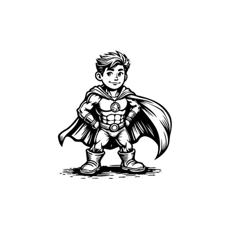 An adorable illustration of a young superhero boy with a flowing cape, showcasing his heroic presence and potential for adventure.のイラスト素材