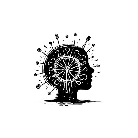 Black and white illustration representing a mind overwhelmed with complex thoughts, symbolizing stress, anxiety, and mental health challenges.のイラスト素材