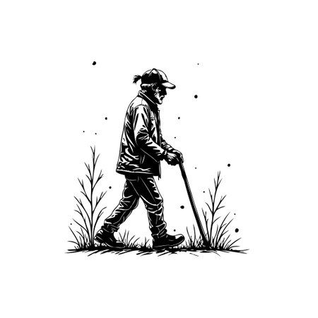 A simple black and white vector illustration of an elderly man walking with a cane, enjoying a walk outdoors and active lifestyleのイラスト素材