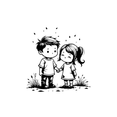 A delightful cartoon drawing features a young boy and girl holding hands, radiating love and friendship in a charming, whimsical setting.のイラスト素材
