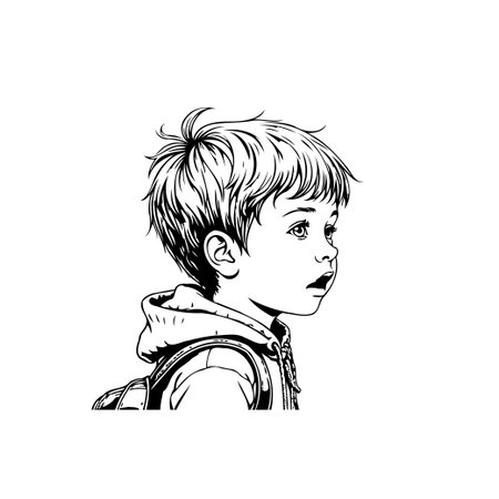 A detailed black and white illustration showcases a young boy wearing a backpack, gazing thoughtfully ahead. The artwork is perfect for educational materials or children's publications.のイラスト素材