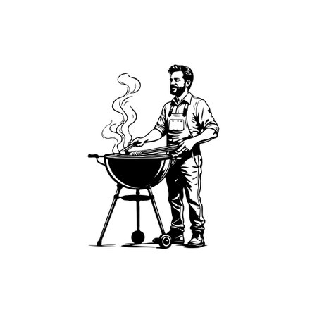Black and white illustration of a man grilling on a BBQ, creating delicious food outdoors. Perfect for culinary and summer themed designs.のイラスト素材