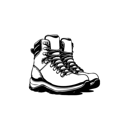 A monochrome illustration of hiking boots, ideal for travel enthusiasts, providing both style and function for outdoor escapades and wanderlust adventuresのイラスト素材