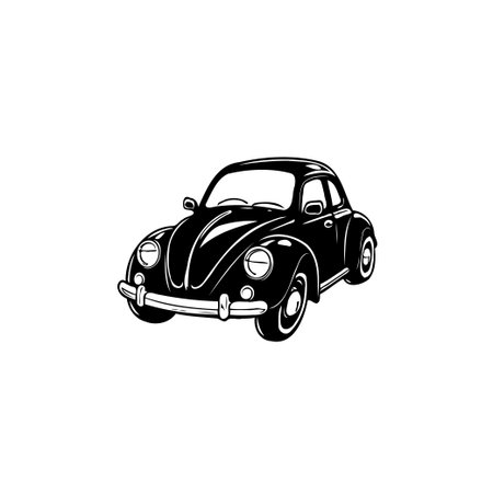 A classic black and white illustration of a Volkswagen Beetle. This iconic car represents vintage style and automotive history in a simple, yet elegant design.のイラスト素材