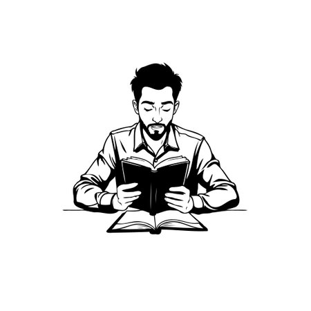 A monochrome illustration shows a man engrossed in reading a book, emphasizing focus and the pursuit of knowledge through literature.のイラスト素材