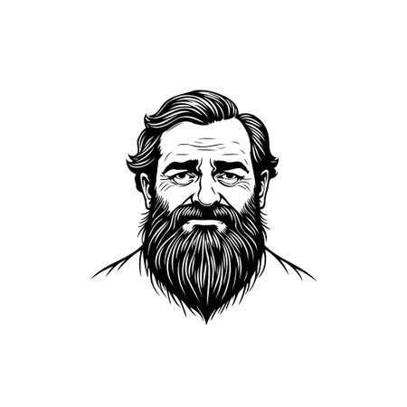 A monochrome portrait of a bearded man with expressive eyes. This is an artistic illustration that has a vintage aesthetic and a detailed line art style.のイラスト素材