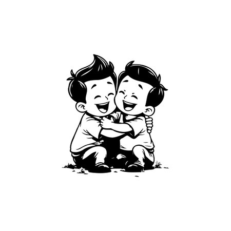 A delightful black and white illustration capturing the pure joy of childhood friendship. Two young boys are hugging tightly, their smiling faces radiating happiness and warmth.のイラスト素材