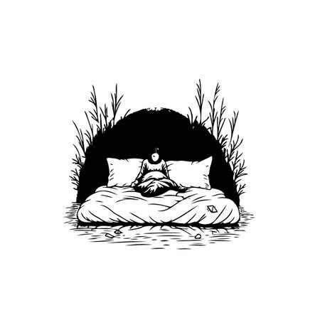 An ink drawing of a small figure sitting on a bed, surrounded by sparse vegetation and an ominous backdrop. The image evokes themes of sleep, dreams, and surreal isolation.のイラスト素材