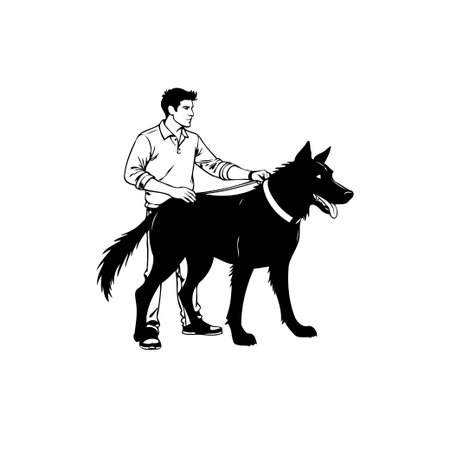 This monochrome illustration depicts a man and his dog in a loving relationship. The image portrays companionship, care, and a shared outdoor walk.のイラスト素材