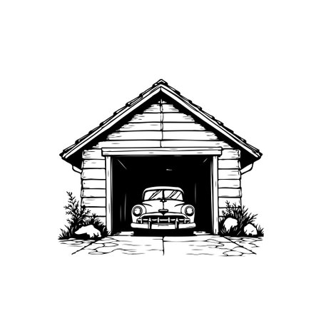 A vintage car is parked inside a wooden garage. This hand-drawn illustration captures a nostalgic scene, showcasing the car's classic design and the rustic charm of the garage.のイラスト素材