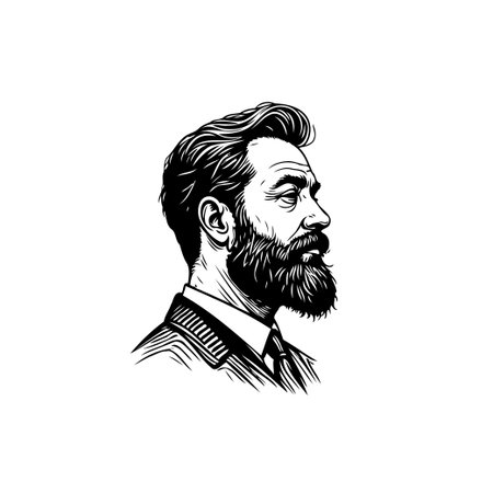 A striking black and white line art illustration of a man with a beard wearing a suit, portraying confidence and sophistication in a classic style.のイラスト素材