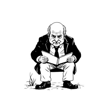 An illustration depicts an elderly businessman reading a book outdoors. He is seated, dressed in a suit, and has a serious, focused expression on his face.のイラスト素材