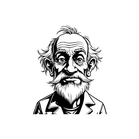 A detailed monochrome illustration presents an elderly man with striking facial hair, capturing wisdom and experience in his expression.のイラスト素材