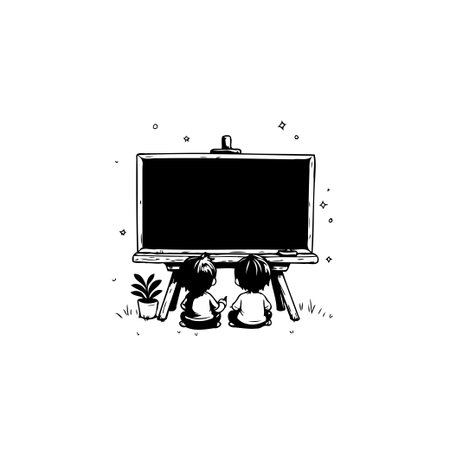 A delightful illustration featuring two young children sitting together, looking at a chalkboard. The scene evokes a sense of curiosity and imagination.のイラスト素材
