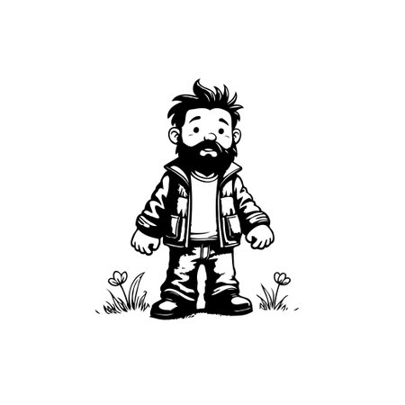 A charming cartoon character with a beard, wearing a jacket and standing amidst stylized floral elements. The image is in black and white, with a sketch-like qualityのイラスト素材