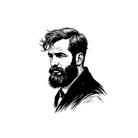 A stylish black and white portrait of a handsome bearded man with a confident expression. The illustration captures his vintage yet modern style.のイラスト素材