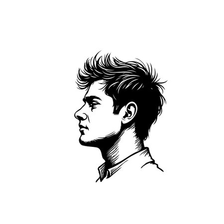 A monochrome portrait depicts a stylish young man in profile, showcasing a modern hairstyle with intricate line work and artistic flair.のイラスト素材