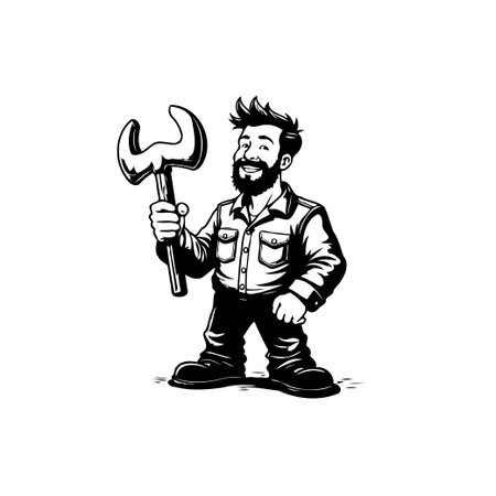Cartoon illustration of a confident mechanic character holding a wrench. Perfect for service, repair, or maintenance-themed projects. Great for a handyman logo or industrial design.のイラスト素材