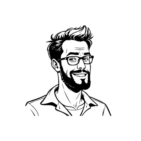 A stylized black and white portrait of a smiling man with a beard and glasses. The illustration captures a modern, hipsterish look with clean lines and simple elegance.のイラスト素材