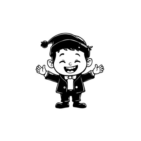 Adorable cartoon illustration of a young boy wearing a tuxedo and a Christmas hat, radiating happiness with a big smile and open arms, perfect for festive greetings.のイラスト素材
