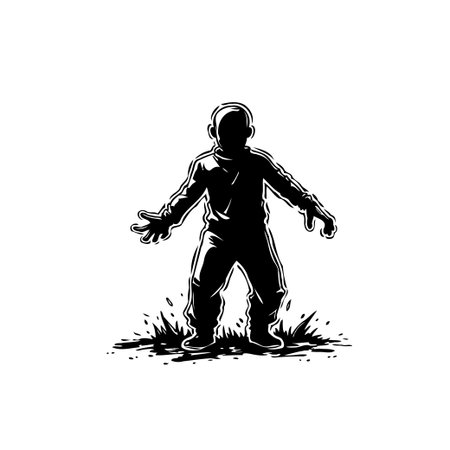 Monochrome illustration of a child's silhouette standing with arms outstretched, rendered in a stylized artistic design. The image evokes a sense of mystery and imagination.のイラスト素材