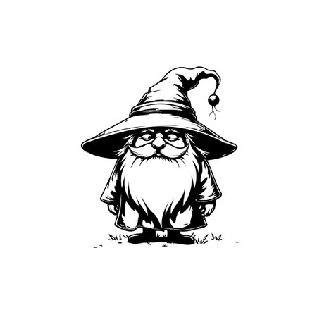 A charming black and white illustration of a whimsical wizard character. The illustration features a cute, bearded wizard wearing a pointy hat, rendered in a simple, cartoon style.のイラスト素材