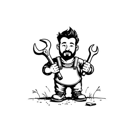 A cartoon mechanic character is holding wrenches. The illustration showcases a confident handyman ready for any repair job.のイラスト素材