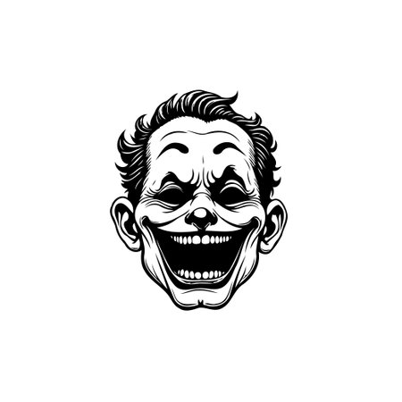 A detailed black and white illustration showcasing the face of the Joker, emphasizing his disturbing smile and unsettling features, captured in a vector style.のイラスト素材