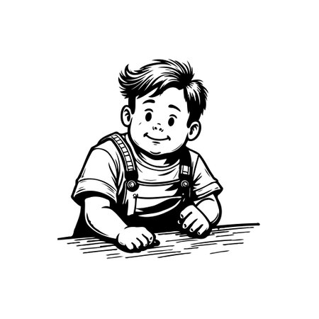 A charming black and white line art illustration features a cheerful toddler wearing overalls leaning on a table, radiating happiness and innocence.のイラスト素材