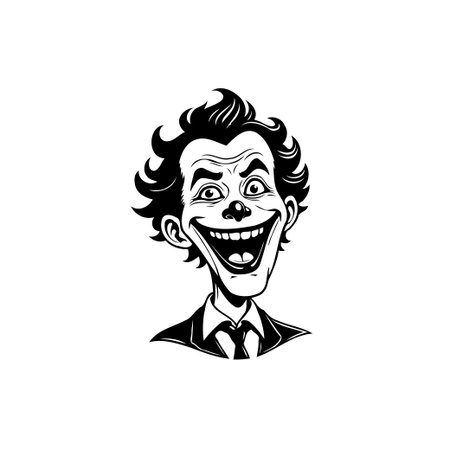 A cartoon style vector portrait of the Joker with a sinister grin, expressing madness. The black and white design emphasizes the character's evil nature.のイラスト素材