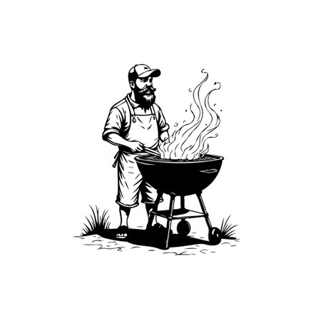 Illustration of a man grilling food on a barbecue. The image features a simple design, showing a man with a beard and apron, cooking outdoors over a flame.のイラスト素材