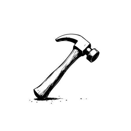 A hand-drawn illustration of a hammer isolated on a white background, ideal for representing construction, repair, or carpentry related projects, or vintage design.のイラスト素材