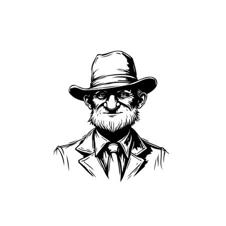A black and white illustration depicts an elderly man in a cowboy hat and suit, embodying a vintage, sophisticated character.のイラスト素材