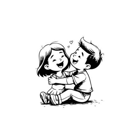 A charming black and white cartoon illustration featuring a young couple. They are embracing each other with hearts floating above them, radiating pure joy and affection.のイラスト素材