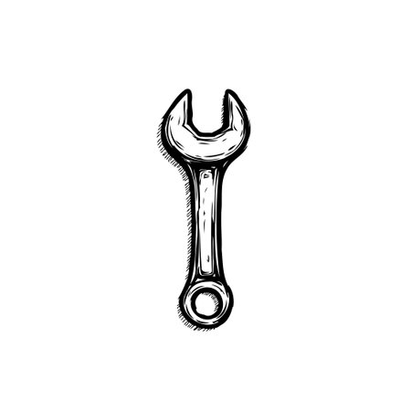 A hand-drawn illustration of a wrench, perfect for representing mechanical projects, repair services, or industrial equipment. This simple yet detailed image is ideal for various design purposes.のイラスト素材