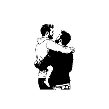 A minimalist black and white illustration portrays a loving family moment. Two men embrace their child, symbolizing love, acceptance, and the beauty of diverse family structures.のイラスト素材
