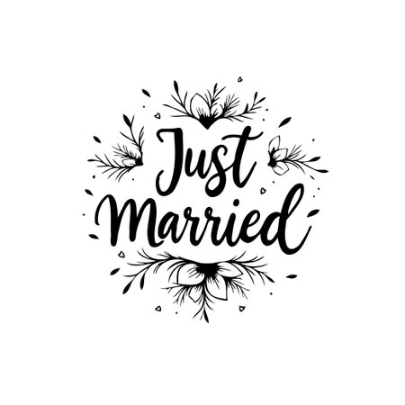 A beautifully designed 'Just Married' typography artwork featuring elegant calligraphy and floral embellishments. Perfect for wedding invitations, announcements, or celebratory designs.のイラスト素材