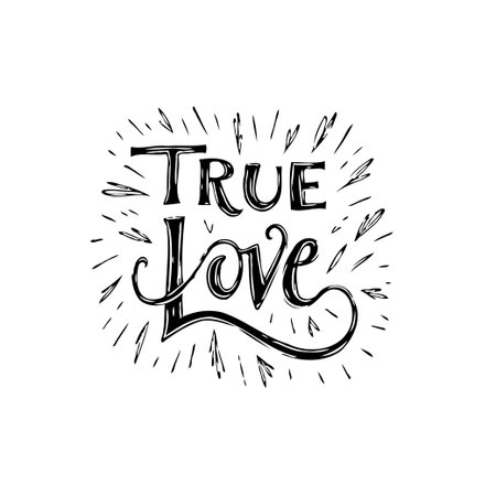 Hand-drawn illustration with True Love calligraphy message, perfect for creating Valentine's Day cards, banners, or other romantic designs.のイラスト素材