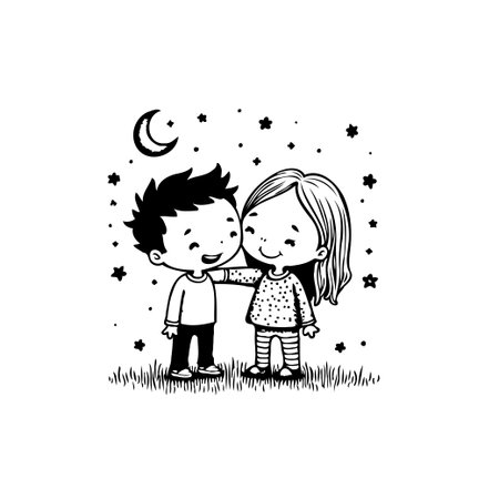 A delightful hand-drawn illustration shows two smiling children standing together under a starry night sky with a crescent moon. This monochrome graphic captures the essence of childhood innocence and friendship.のイラスト素材