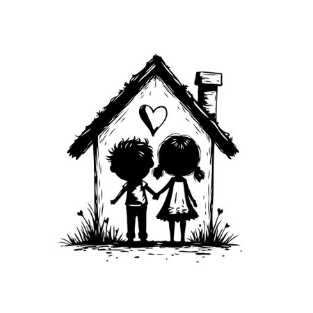 A delightful silhouette illustration captures two children holding hands in front of a house adorned with a heart, symbolizing love and family bonds.のイラスト素材