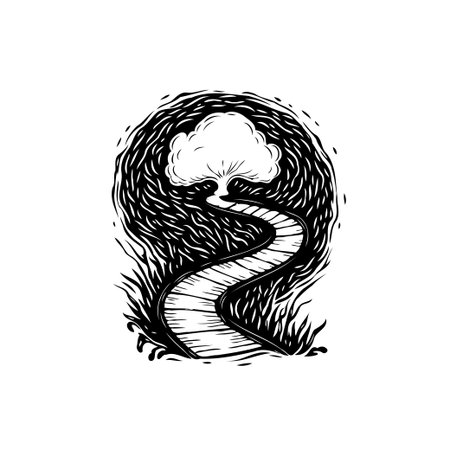 A hand-drawn image showcases a winding path leading to a tree, rendered in black and white. The woodcut style adds texture and depth, creating a rural scene.のイラスト素材